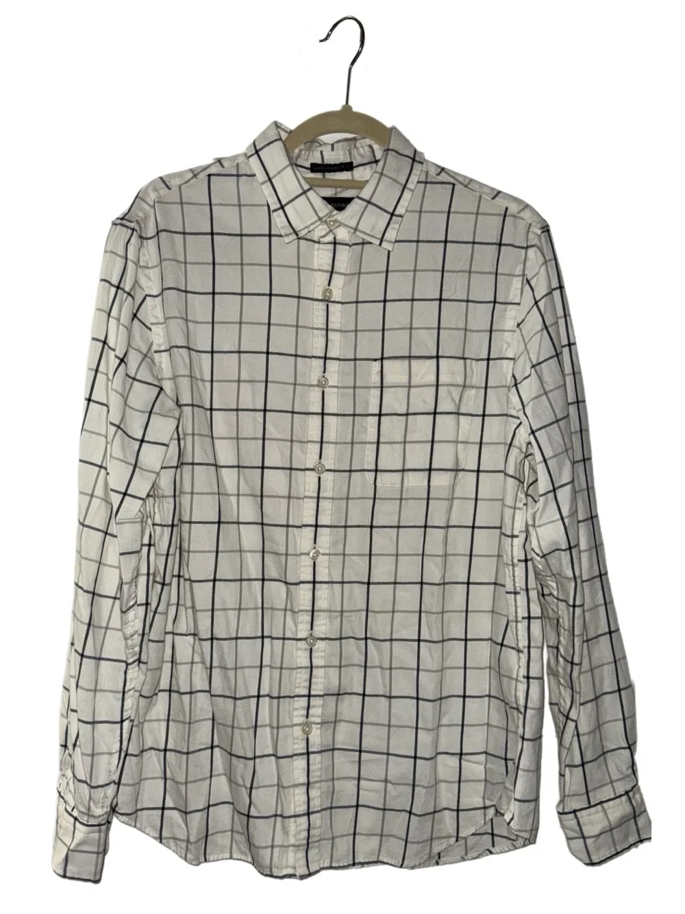 Banana Republic/UntuckWhite Button-Down Shirt with Black & Gray Windowpane Check